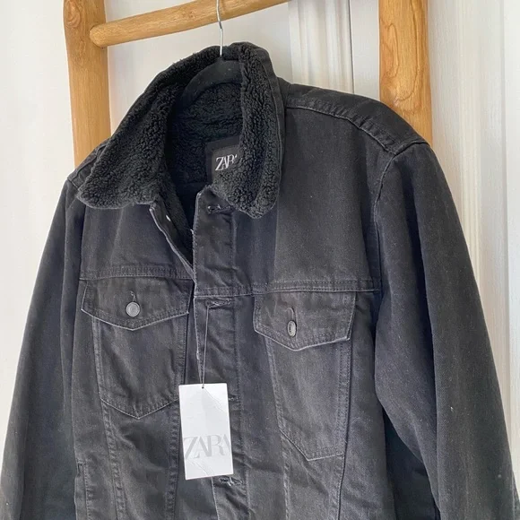 Zara Black Denim Jacket Men’s XL Faux Sherpa-Lined Button Up Trucker Winter NWT